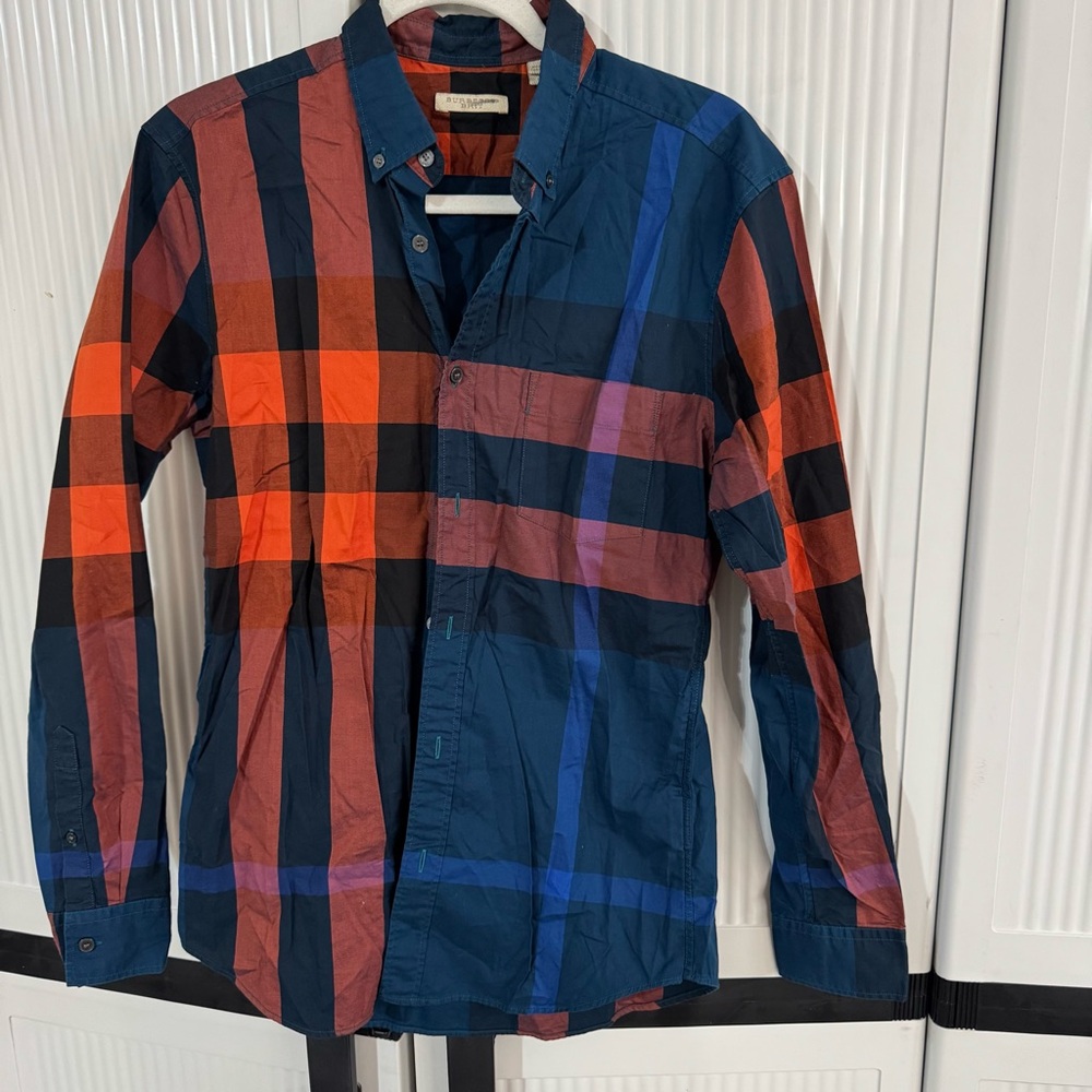 Burberry Blue and Orange Plaid button up Shirt size small